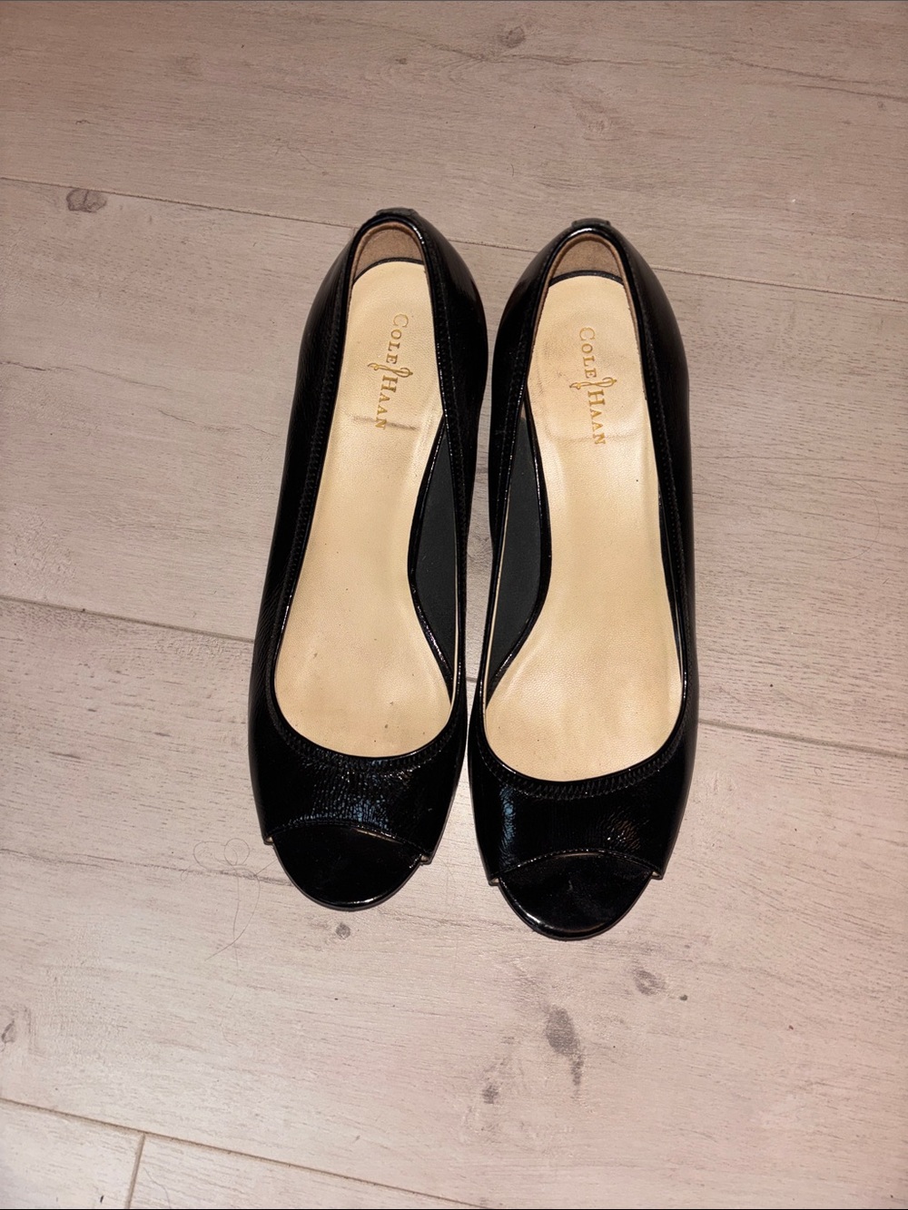 Cole Haan Black Patent Peep-Toe Heels